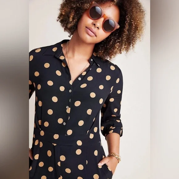 ANTHROPOLOGIE Loveland Wide-Leg Jumpsuit Women's Size US 4 Black Polka - Picture 3 of 7